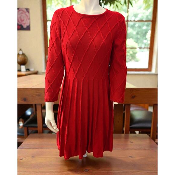 J Howard Red Sweater Dress-Fit and Flare Pleated-Holiday Diamond Pattern Knit-L - Picture 3 of 11
